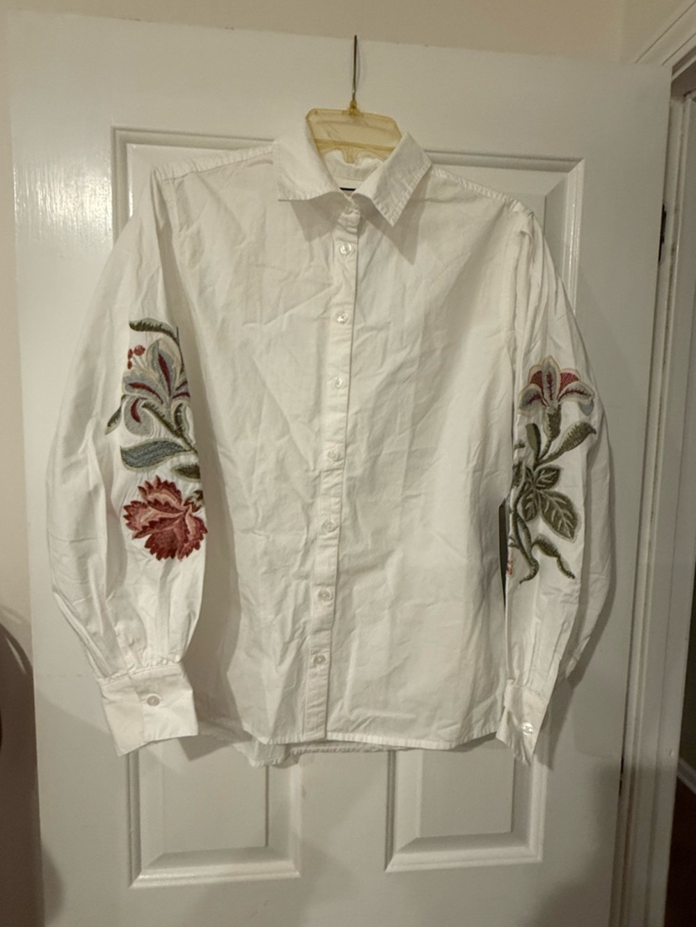 Tuckernuck White Button-Down Shirt with Red and Green Floral Sleeve Embroidery